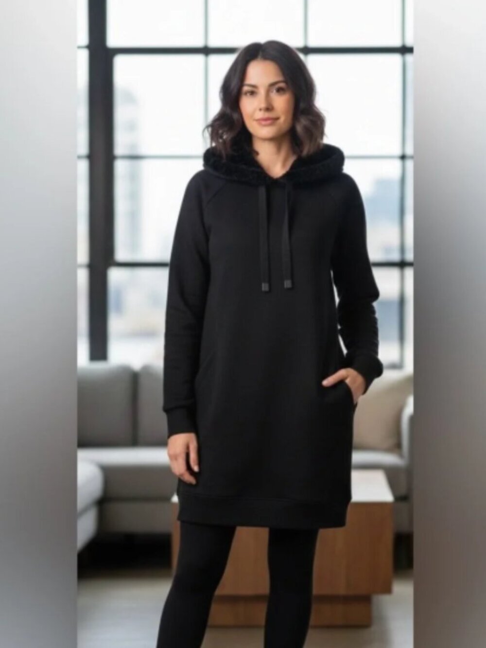 Athleta Triumph Luxe Shine Fur Hood Sweatshirt Dress Size MT
